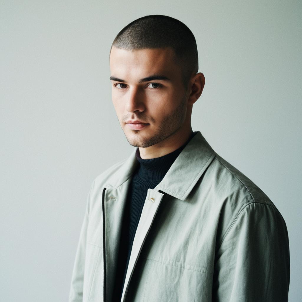 Portrait of Young Man in Light Gray Jacket and Black Turtleneck
