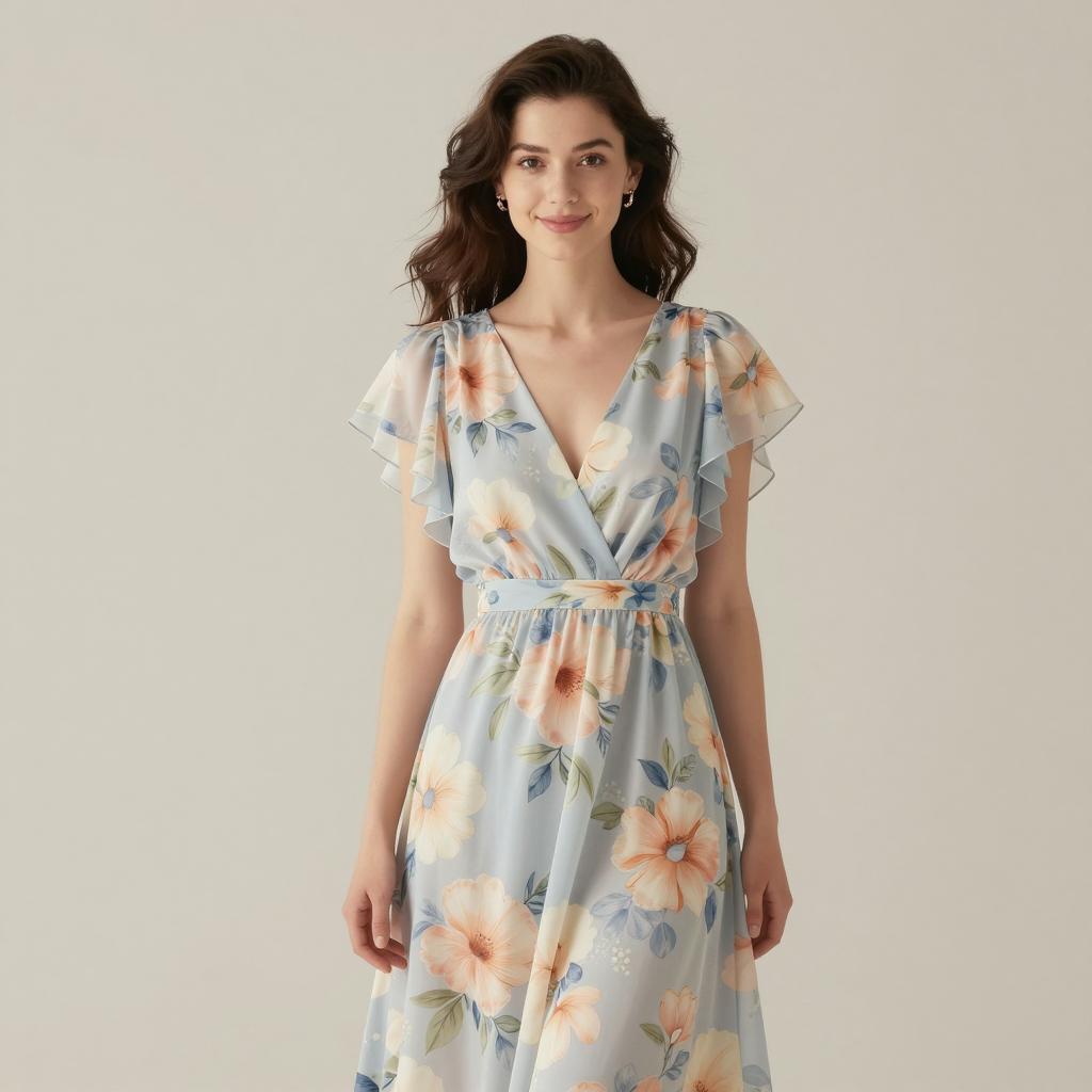 Floral Wrap Maxi Dress with Flutter Sleeves on Woman