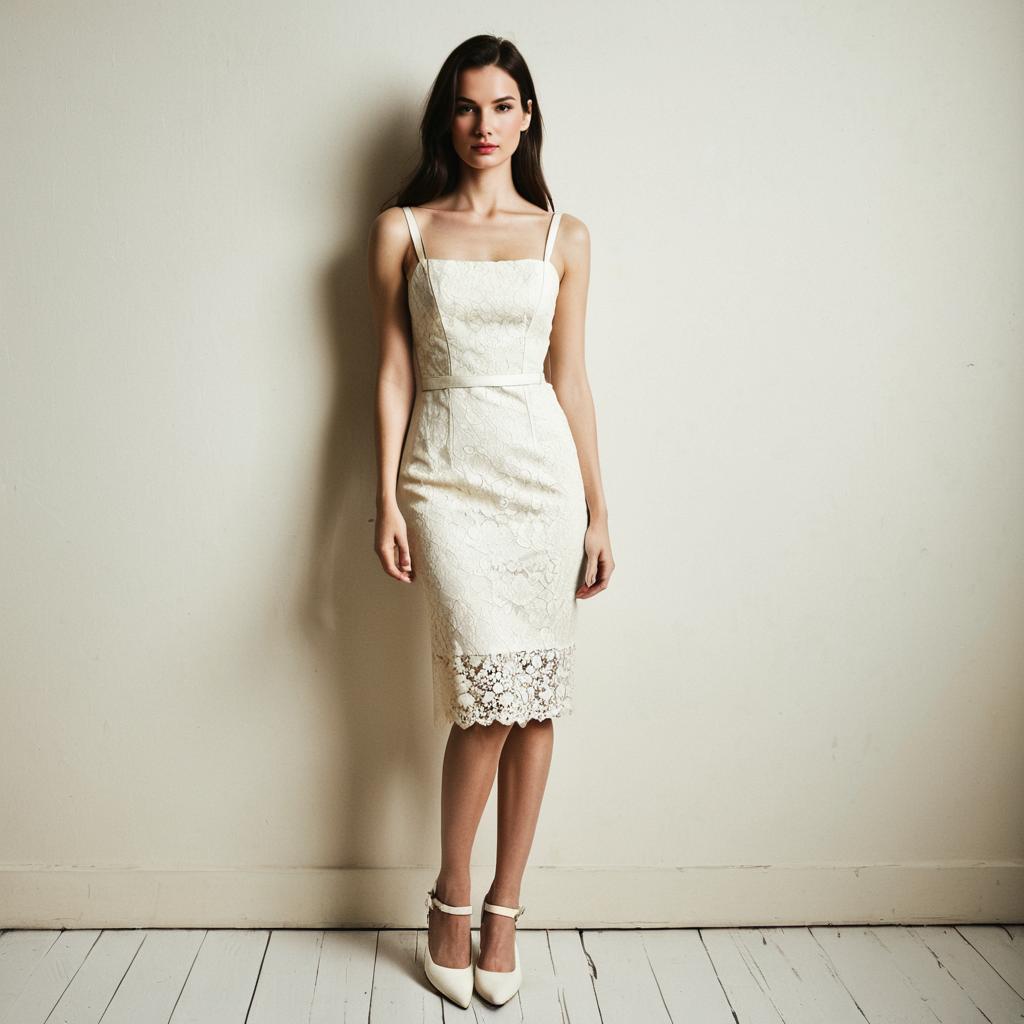 Elegant Woman in White Lace Dress Standing Against Plain Wall