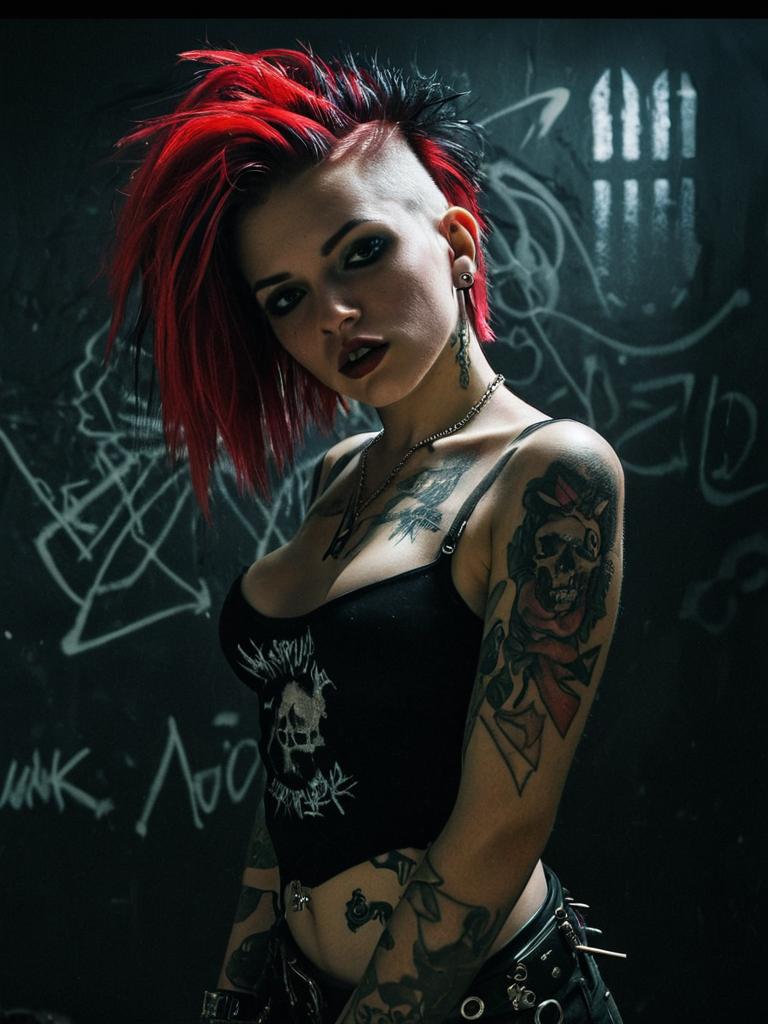Punk Woman with Red Hair and Tattoos in Urban Graffiti Setting