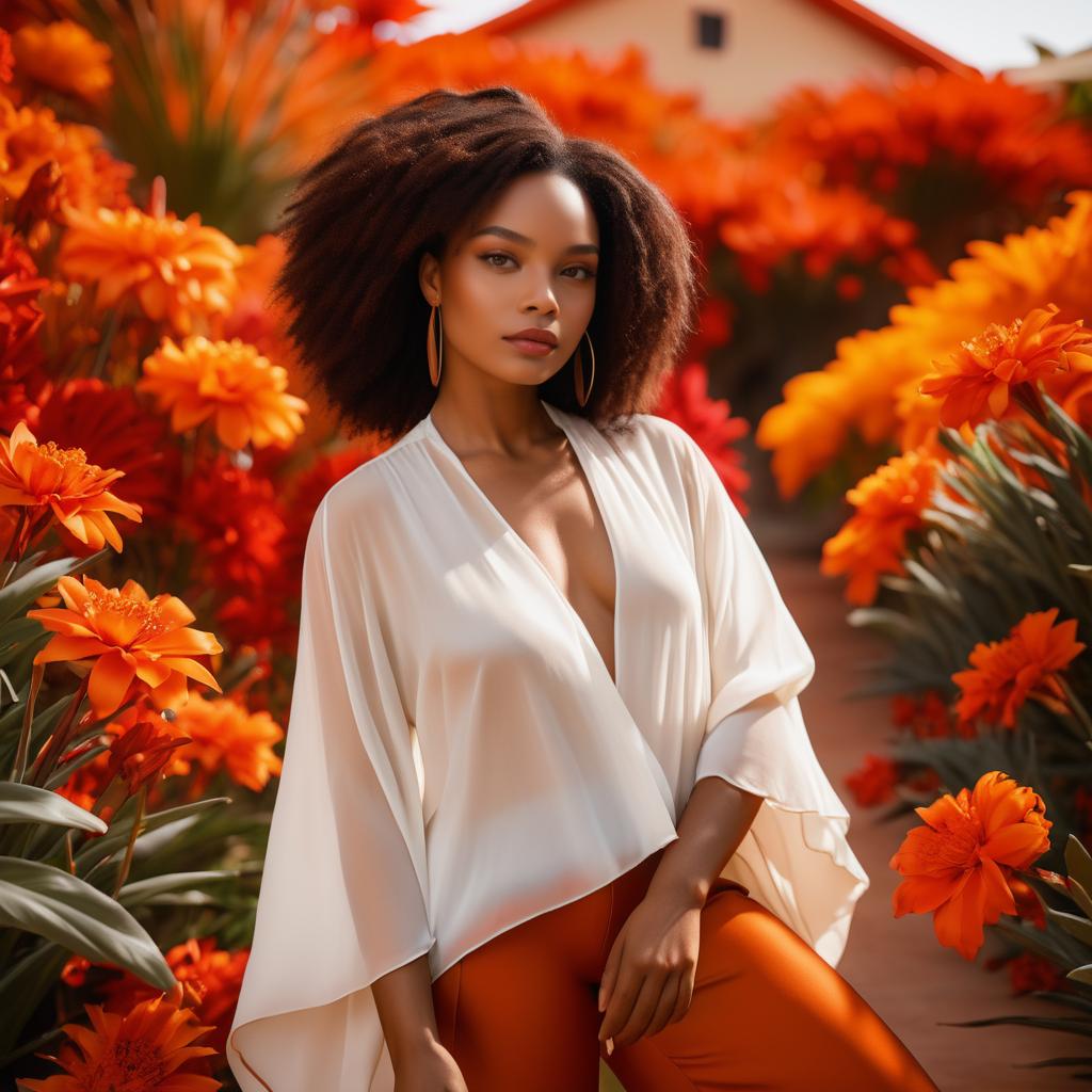 Woman in White Top with Orange Flowers