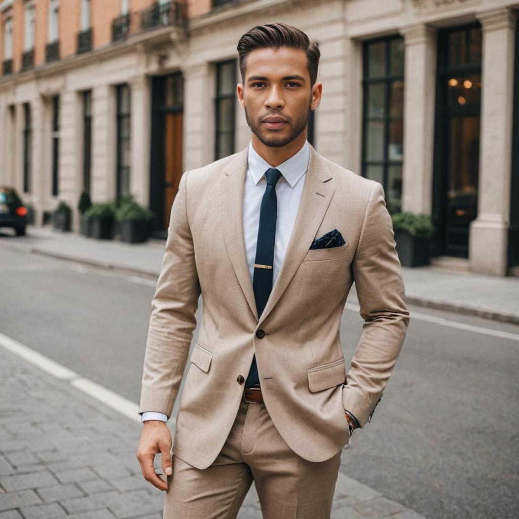 Confident Man in Stylish Beige Suit on Urban Street