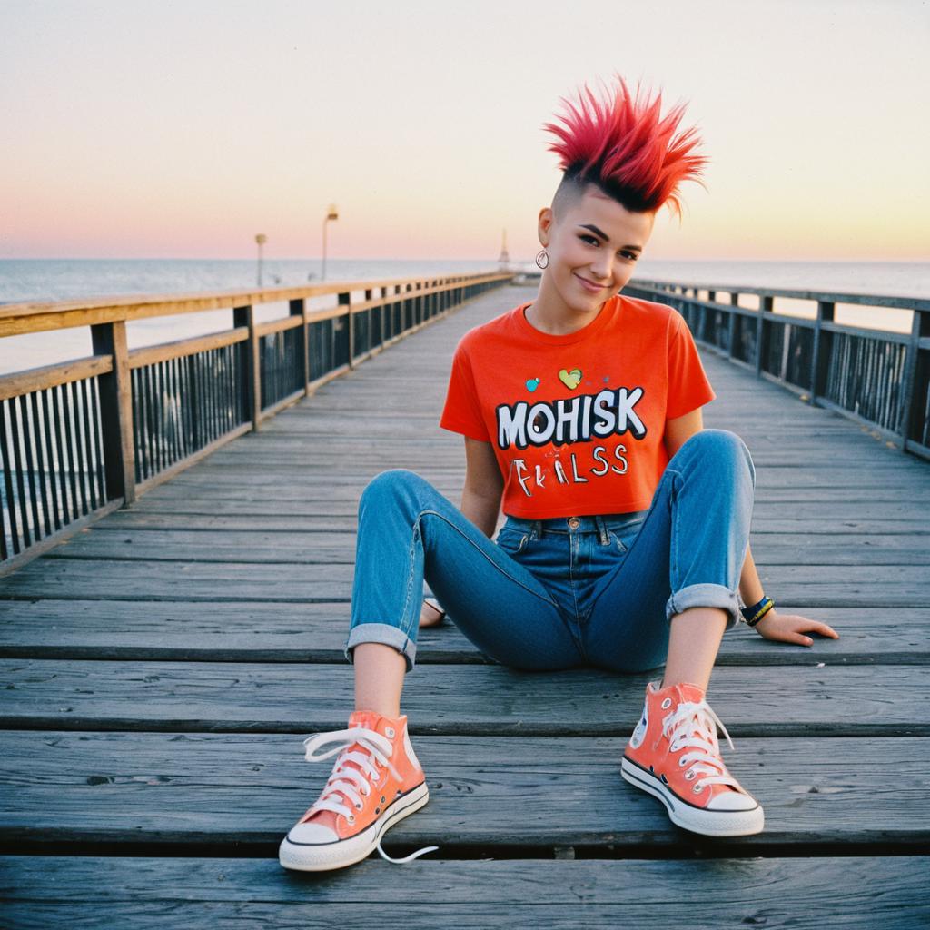 Young Woman with Red Mohawk Sitting on Pier at Sunset in Punk Style