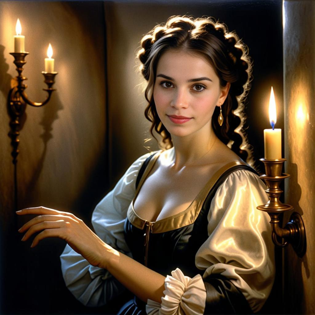 Elegant Woman in Historical Attire by Candlelight