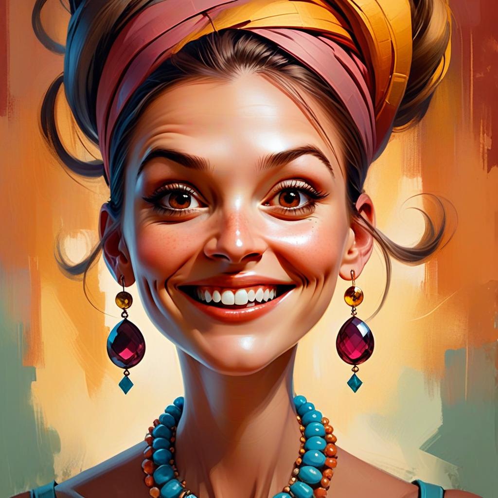Joyful Woman Portrait with Colorful Headwrap and Earrings