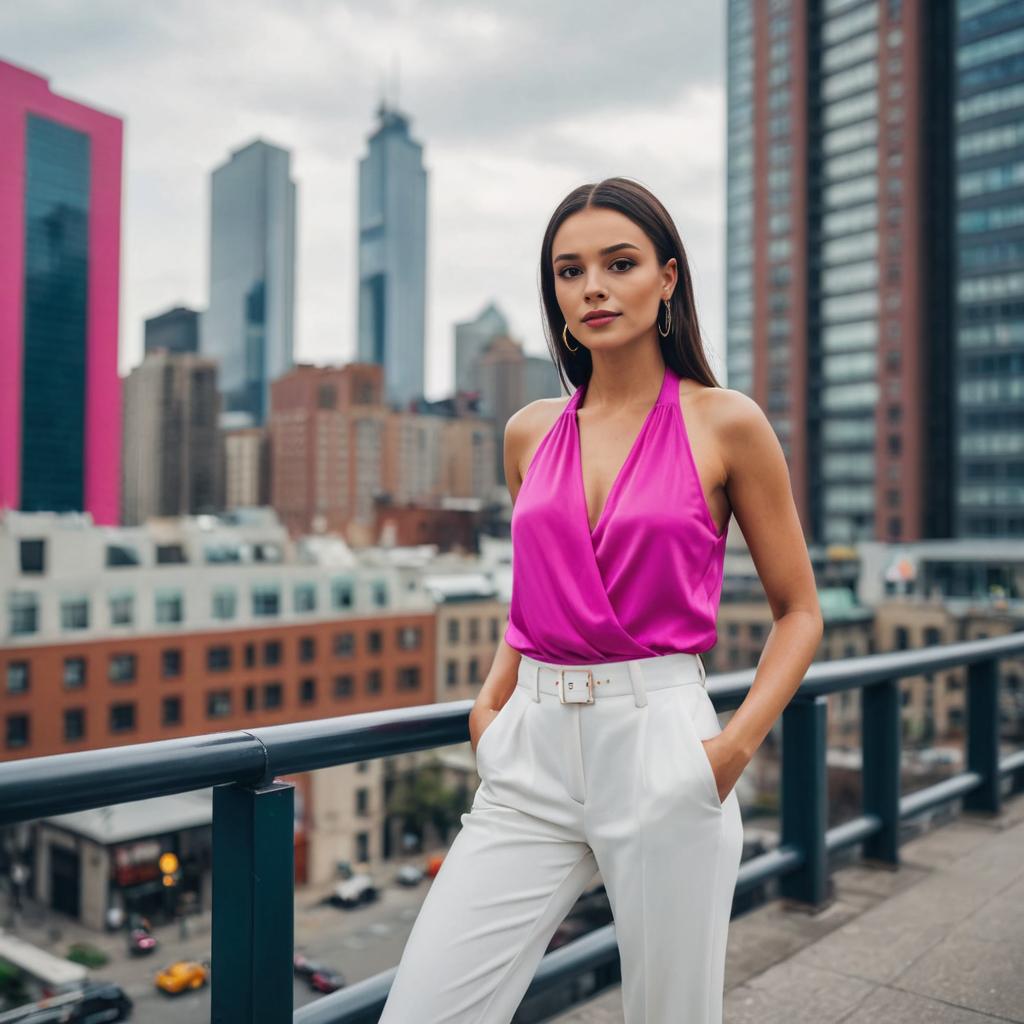 Confident Woman in Pink Top on Rooftop with City Skyline