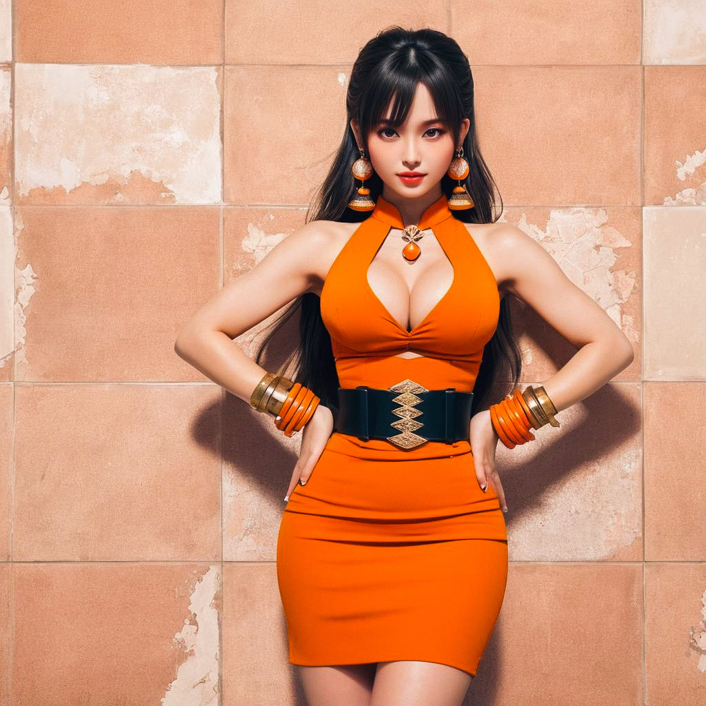 Confident Woman in Orange Dress Against Textured Wall Confident Woman in Orange Dress Against Textured Wall