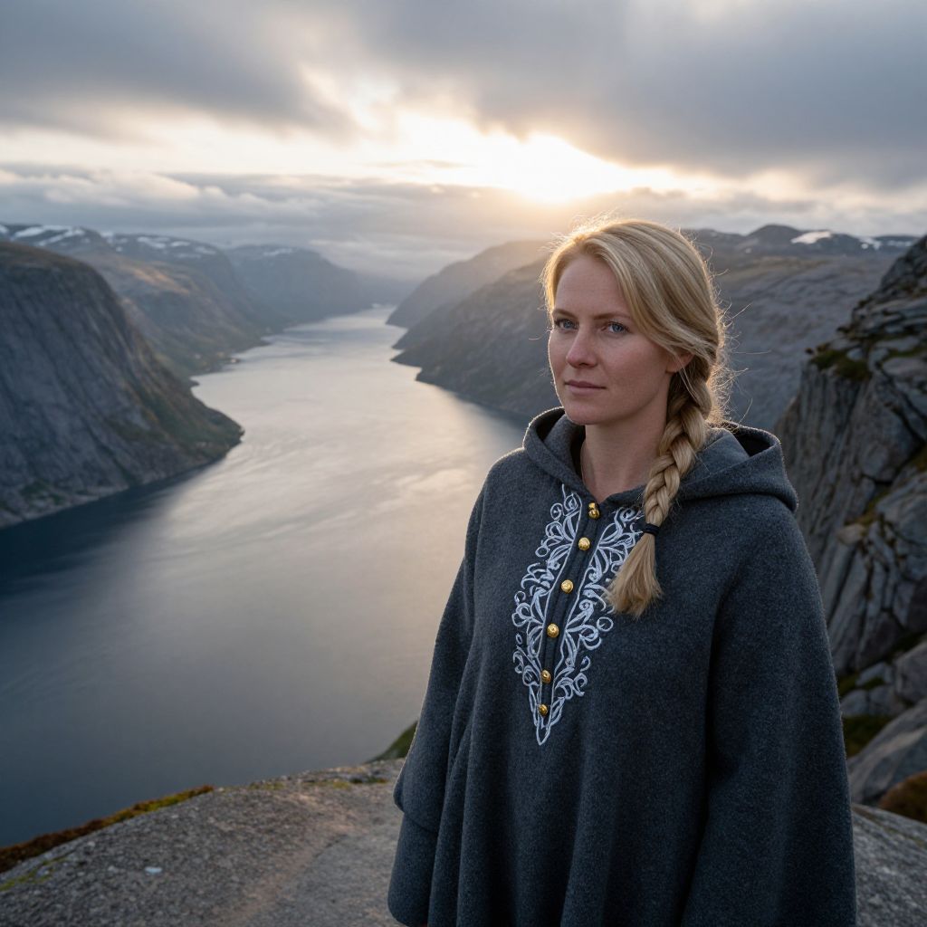 Woman in Nordic Hoodie Overlooking Fjord at Sunset