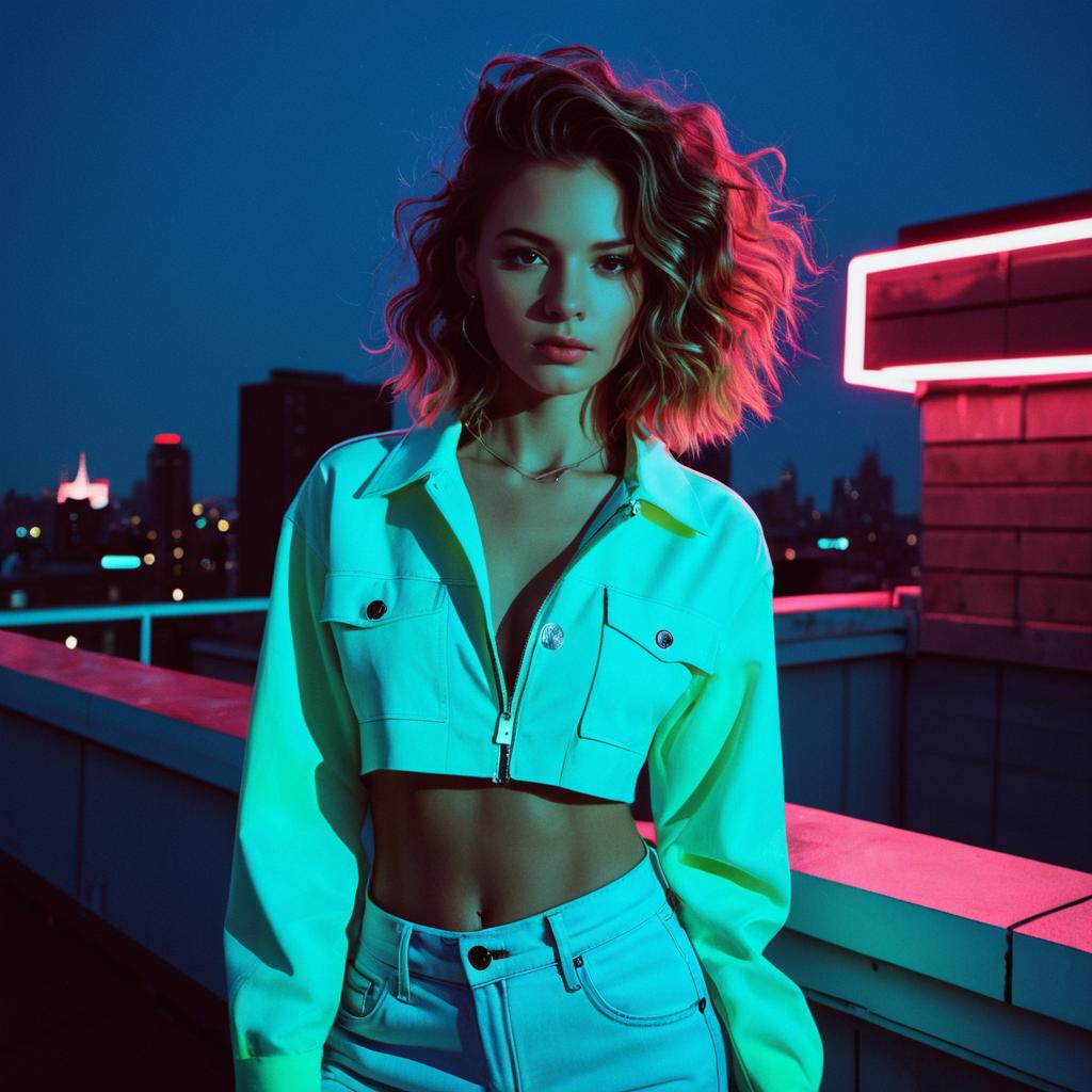 Neon Night Urban Portrait of Woman on Rooftop