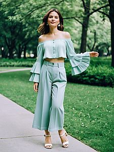 Stylish Woman in Light Blue Off-Shoulder Crop Top and Wide-Leg Pants Walking Outdoors