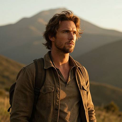 Man Hiking Outdoors with Backpack at Golden Hour in Mountainous Landscape