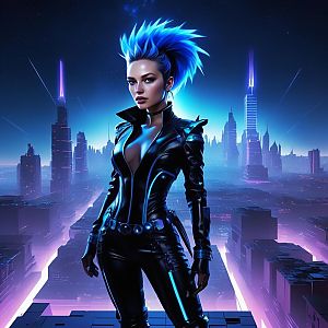 Confident Woman in Futuristic Cityscape