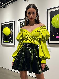 Fashionable Woman in Neon Yellow Blouse and Black Vinyl Skirt at Art Gallery