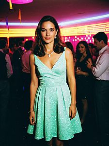 Woman in Sparkling Mint Green Cocktail Dress at Neon-Lit Party