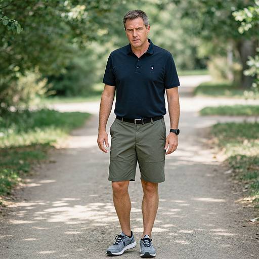 Man Walking in Casual Polo Shirt and Shorts on Tree-Lined Path