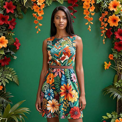 Woman in Colorful Floral Dress Against Green Flower Background