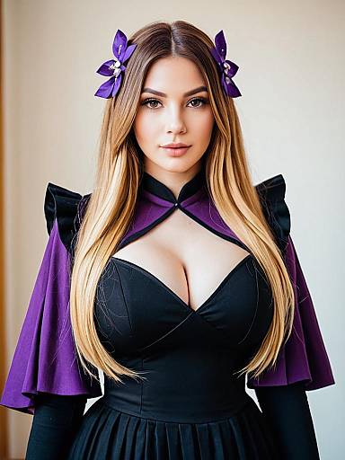 Elegant Woman in Purple and Black Cosplay Outfit with Long Blonde Hair
