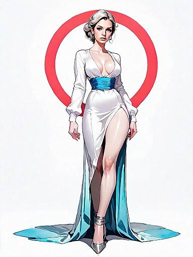 Elegant Woman in White Gown with Blue Sash Comic Style Full Body Illustration
