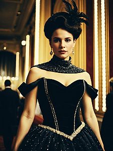 Elegant Woman in Dramatic Black Gala Outfit with Cinematic Realism
