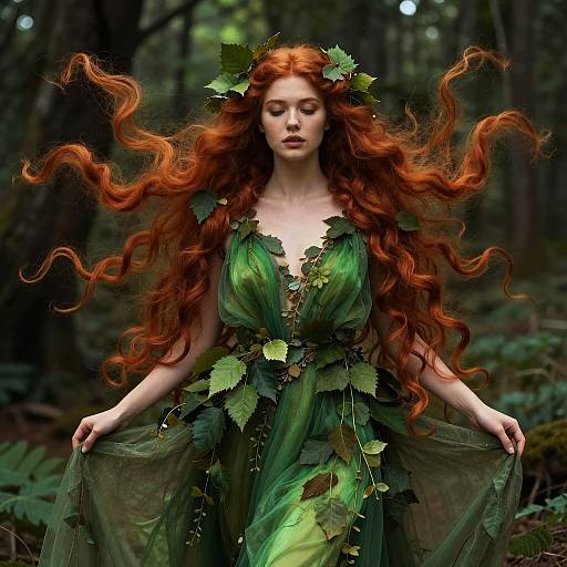 Mystical Woman in Green Leaf-adorned Dress with Flowing Red Hair in Forest