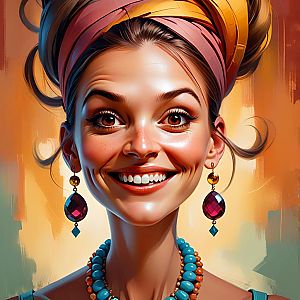 Joyful Woman Portrait with Colorful Headwrap and Earrings
