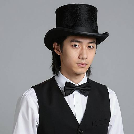 Young Man Wearing Black Top Hat and Formal Attire