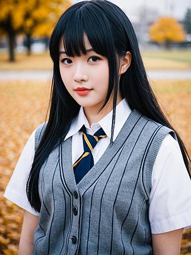 Portrait of Young Woman in Gray Pinstriped Vest and Tie During Autumn