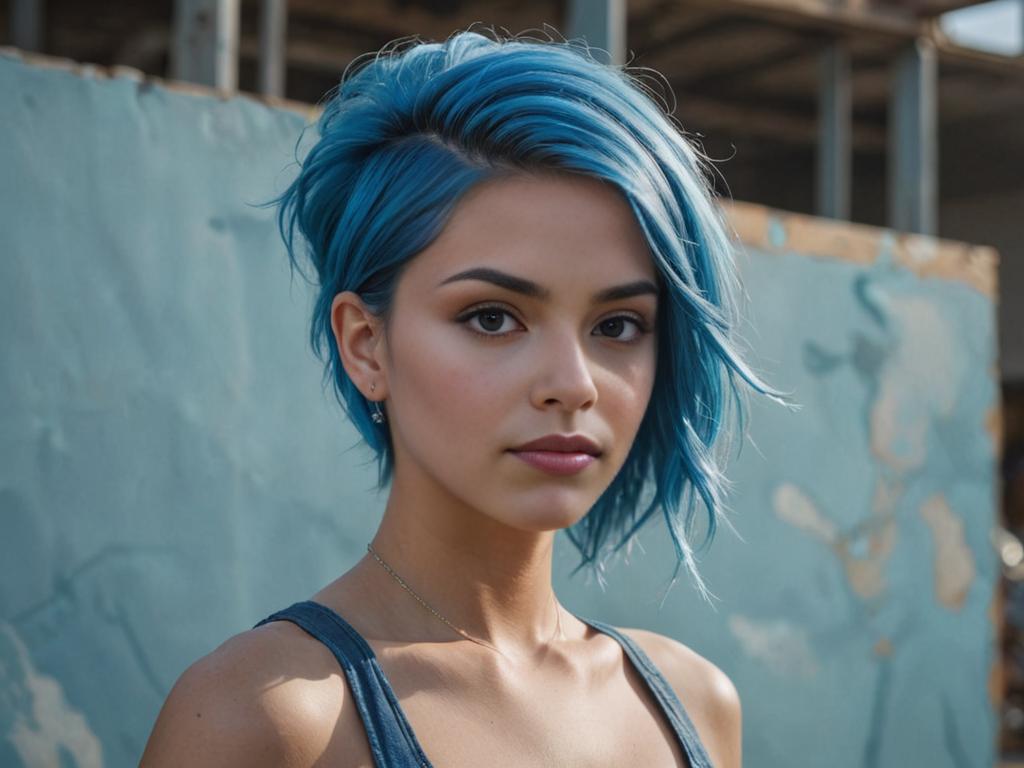 Artistic portrait of a teenage girl with wild blue hair