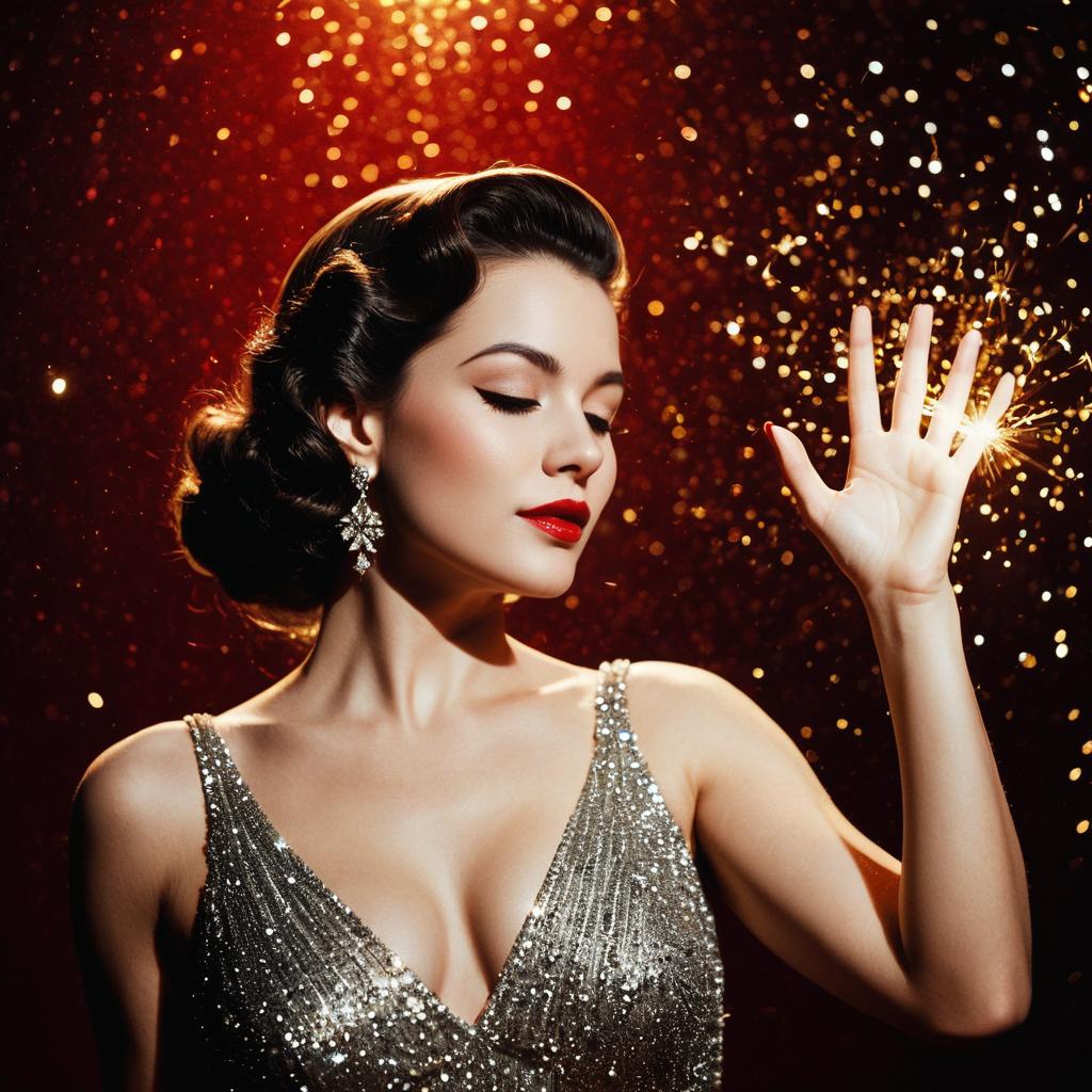 Vintage Glamour Woman in Silver Sequin Dress Holding Sparkler