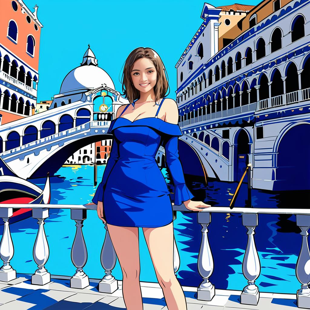 Stylish Anime Woman in Blue Dress by Venetian Canal