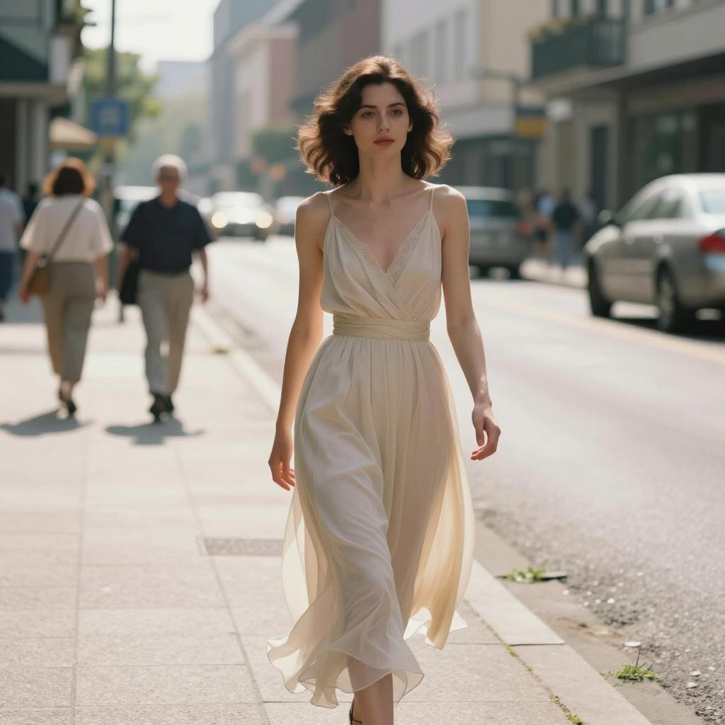 Elegant Woman in Flowing Beige Dress Walking on City Street