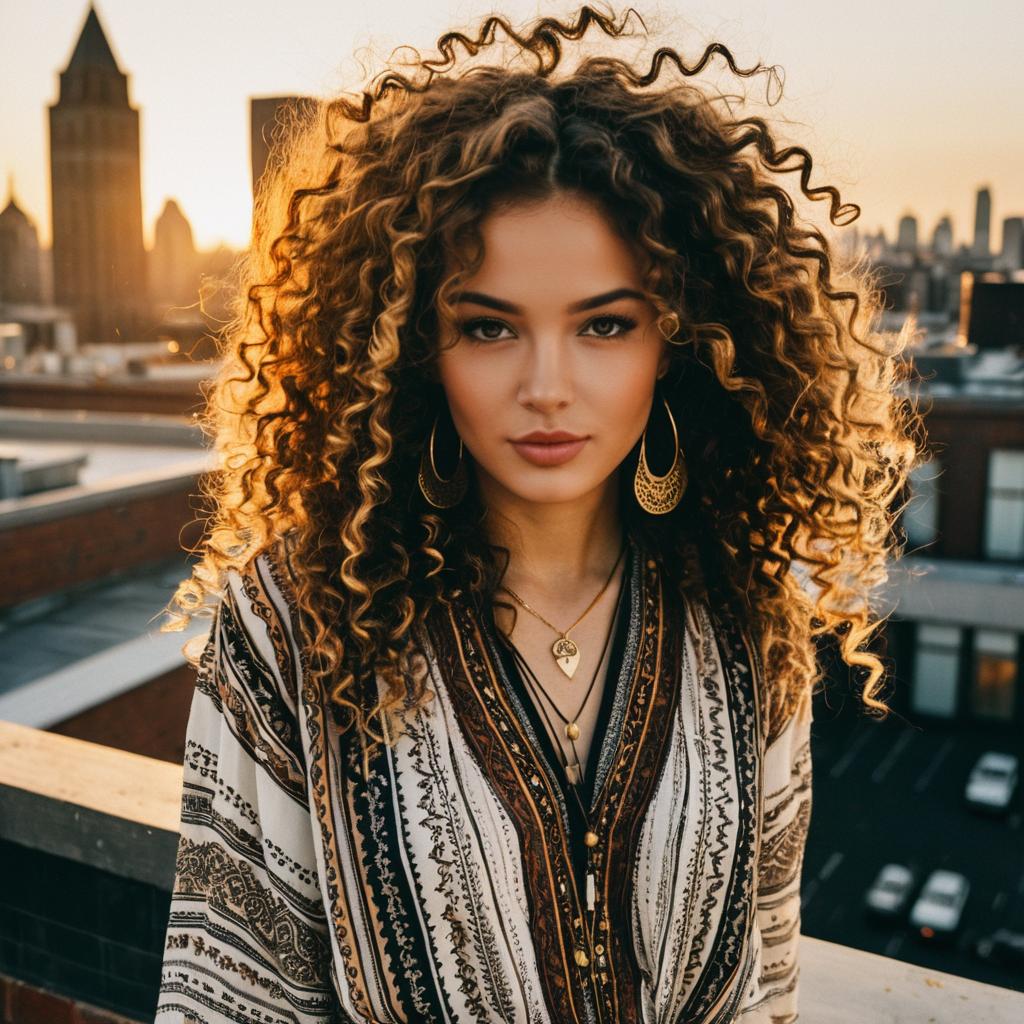 Bohemian Woman with Curly Hair on Urban Rooftop at Golden Hour