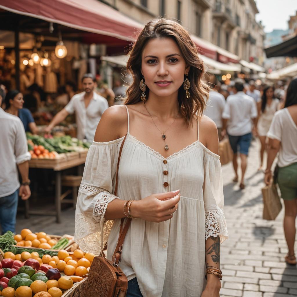 Stylish Woman in Bohemian Vibe at Market