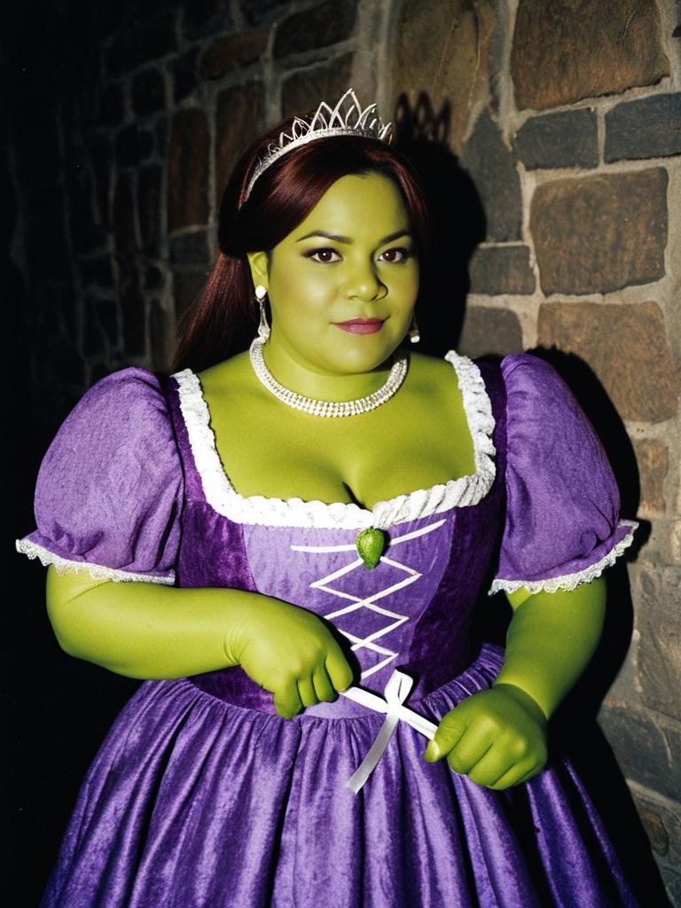 Woman in Purple Princess Dress Shrek Fiona Costume with Tiara
