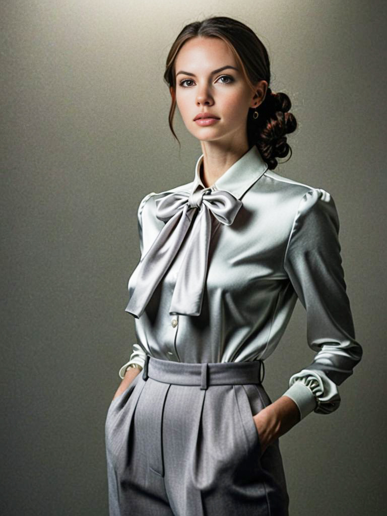 Elegant Model in Silk Blouse and Tailored Trousers