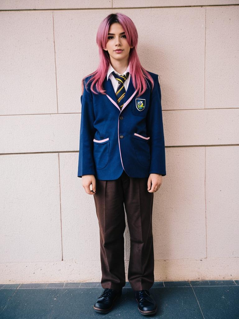 Young Woman in Navy and Pink Trim School Uniform with Pink Hair