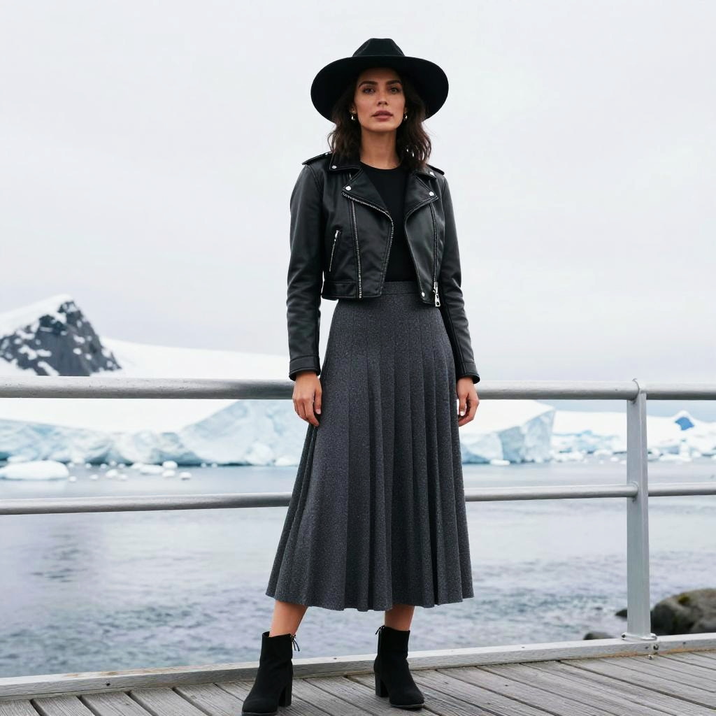 Woman in Antarctic Press Style Wearing Cropped Black Leather Jacket and Grey Skirt