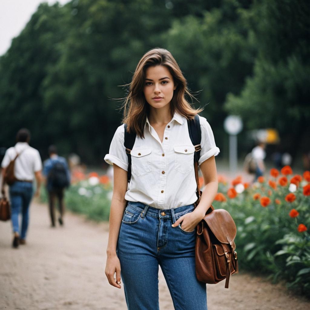 Confident Young Woman in Casual Outfit on Flower Pathway Confident Young Woman in Casual Outfit on Flower Pathway