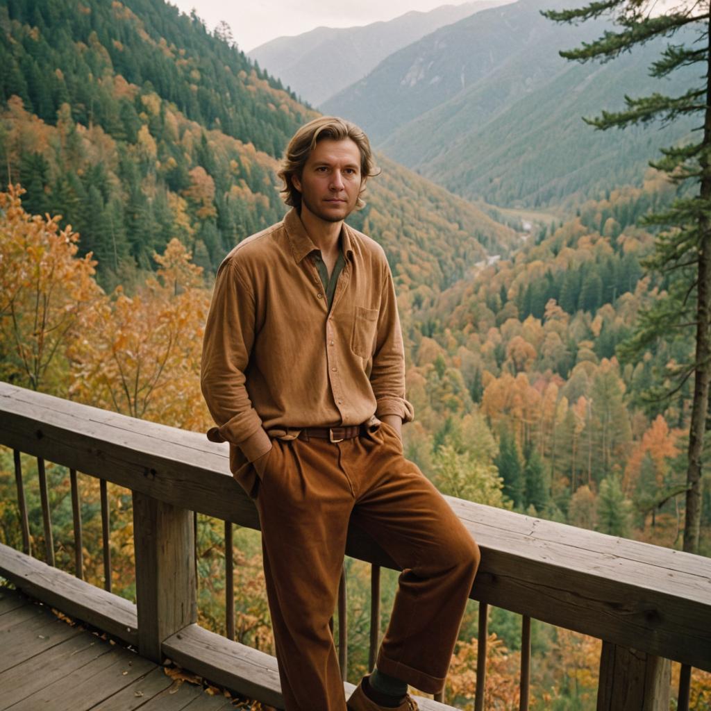 Confident Man on Balcony with Autumn Mountains