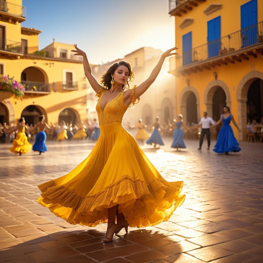 Joyful Dancer in Yellow Dress at Sunset Plaza