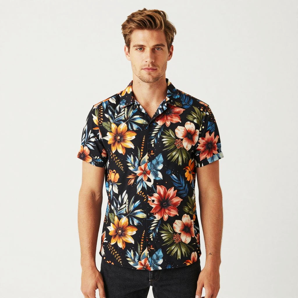 Man Wearing Vibrant Floral Printed Shirt Casual Tropical Style