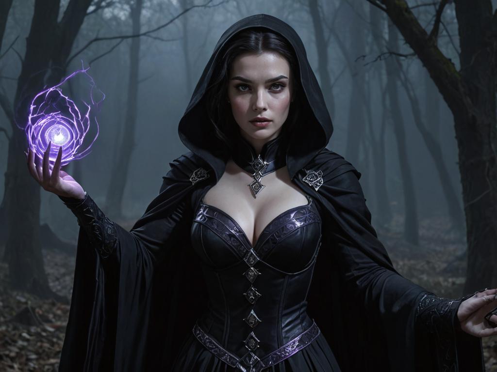 Fantasy Portrait of a Female Necromancer Conjuring Purple Energy