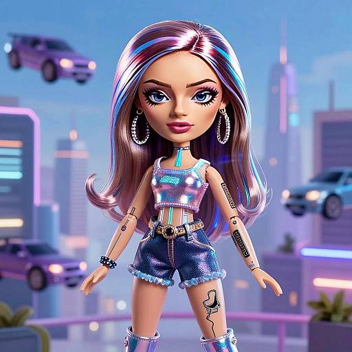 Futuristic 3D Doll Woman with Cyberpunk Style in Urban Neon City