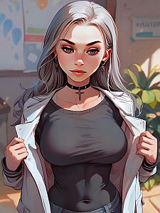 Woman with Silver Hair and Blue Eyes in Black Top and White Coat