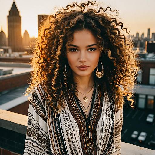 Bohemian Woman with Curly Hair on Urban Rooftop at Golden Hour
