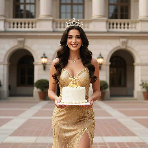 Elegant Woman in Gold Dress Holding 25th Birthday Cake Photoshoot