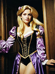 Woman in Provocative Rapunzel Costume with Purple Satin Sleeves and Corset