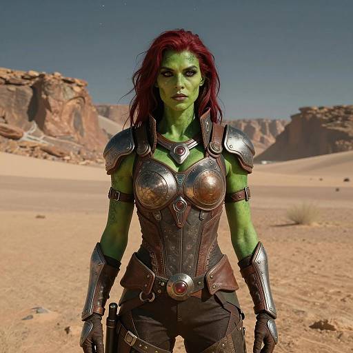 Green-Skinned Female Warrior in Steampunk Armor Desert Scene