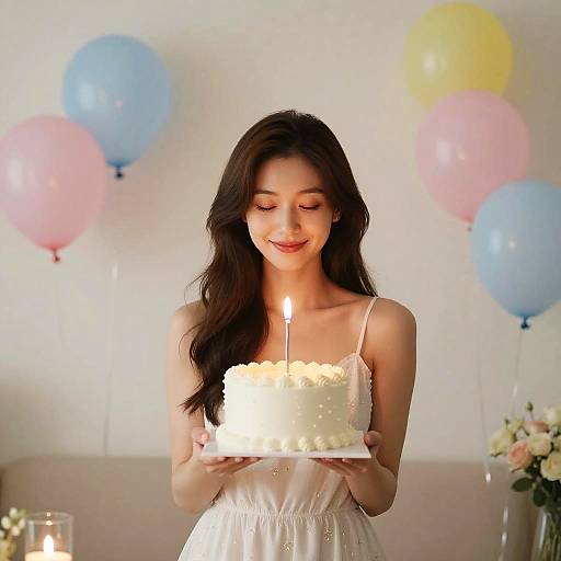 Woman in White Frock Holding Birthday Cake with Single Candle