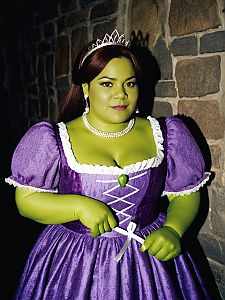 Woman in Purple Princess Dress Shrek Fiona Costume with Tiara
